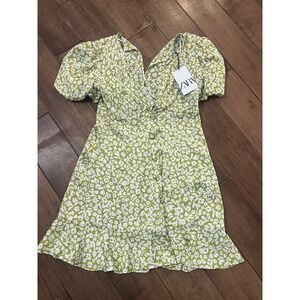 Zara Mini Dress Green Floral Puff Sleeve Button Front Flounce Hem Medium‎